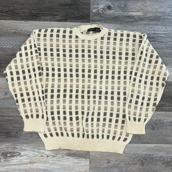 Vintage 90s Claiborne Cream Mens XL Geometric Knit Crewneck Grandpa Sweater USA - Picture 2 of 10
